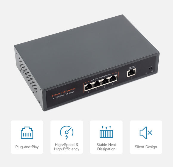 120W Gigabit Ethernet PoE Switch, 4x PoE+ Ports, Up To 30W Per Port, 802.3af/at Compliant, Fanless Design, High-Speed 10/100/1000M Ethernet Port, Network Switch PoE