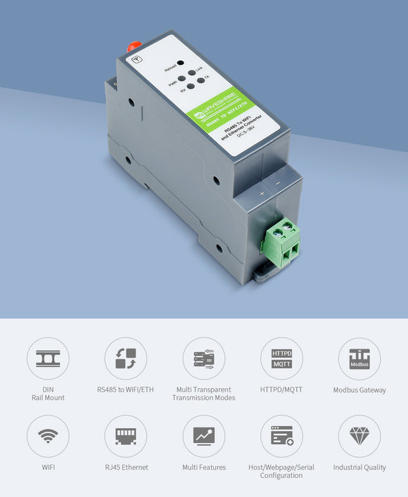 Rail-Mount Serial Server, RS485 to WIFI/Ethernet Module, Modbus MQTT Gateway